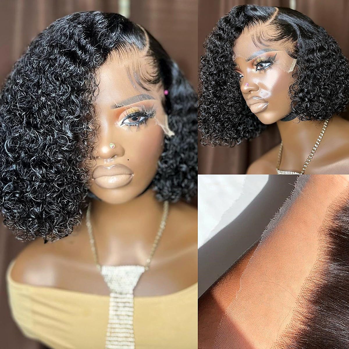 True Glueless 200% Density Large C Part Pre Cut Lace SKINLIKE Real HD Lace Closure Wig Wear and Go Short Curly Bob Wigs Human Hair HD Lace Front Wigs (10 inch, C Part-Natural Black Curly Bob Wig)