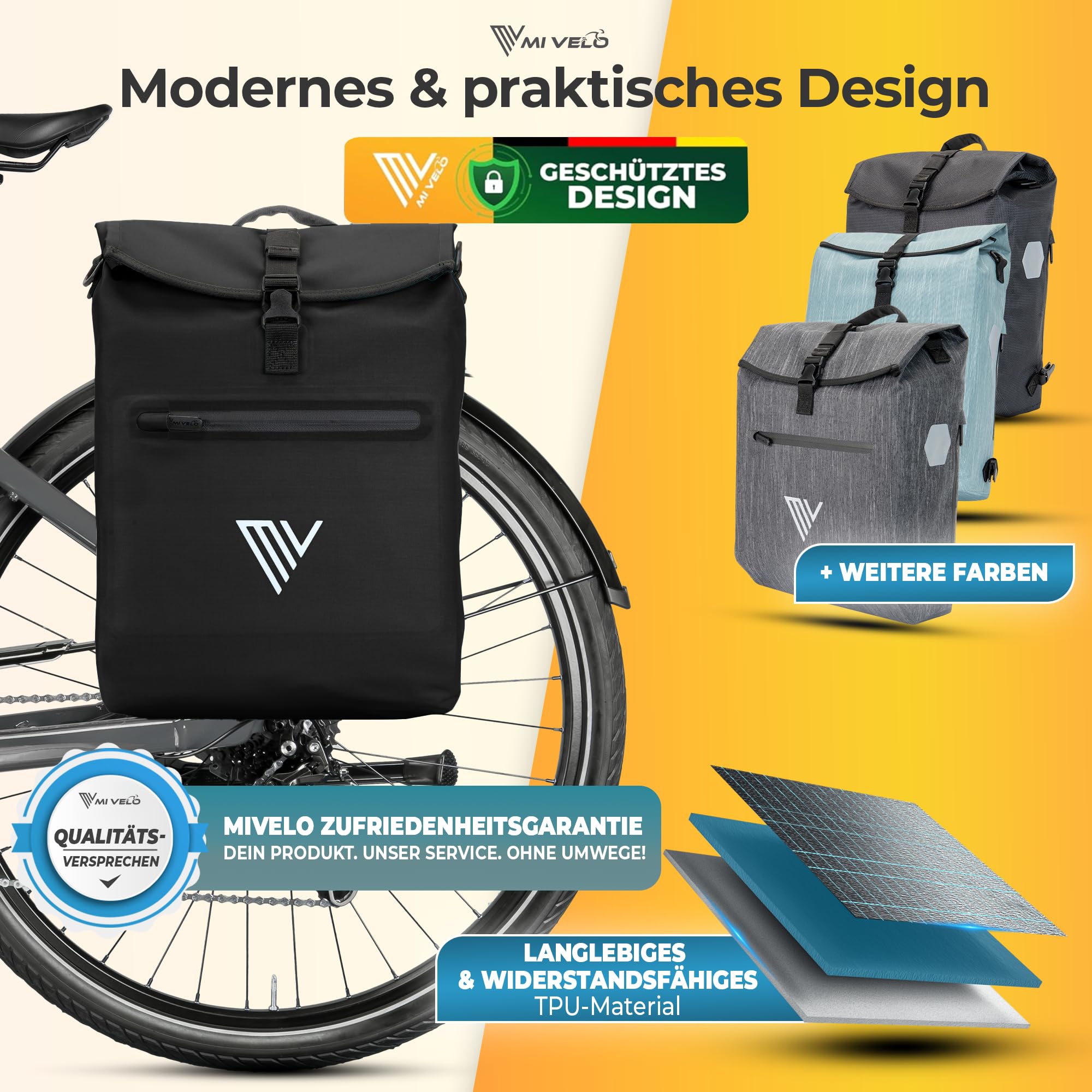 MIVELO 3in1 Fahrradtasche für Gepäckträger - Fahrrad Tasche Rucksack mit gepolstertem Laptopfach - Gepäckträgertasche hinten 100% wasserdicht mit Reflektoren (Schwarz, 20 Liter)