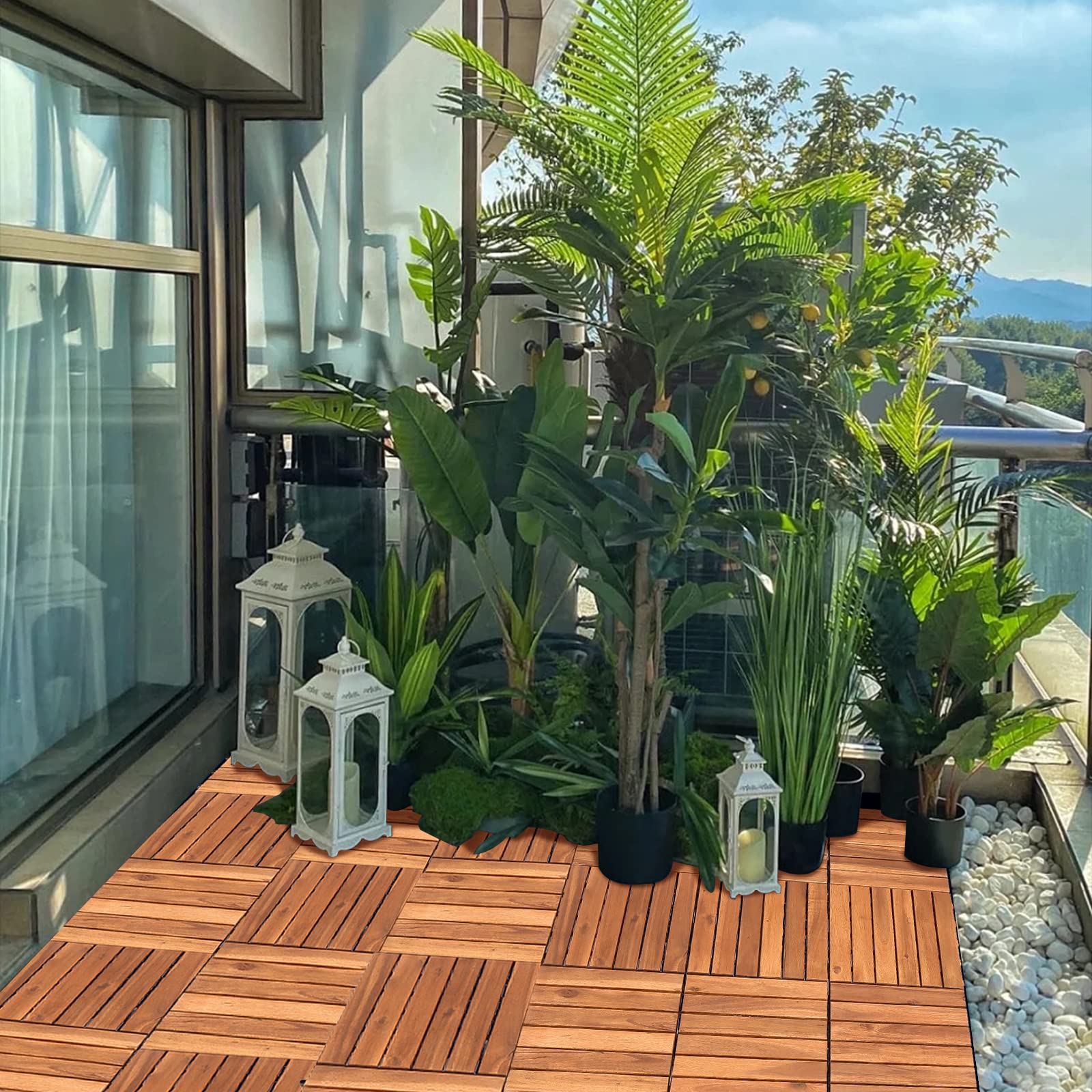 Confezione da 33 piastrelle in legno di acacia, 6 doghe in legno, 30 x 30 cm – 3 m². Piastrelle da balcone per balcone, giardino e terrazza | semplice, veloce e pratico