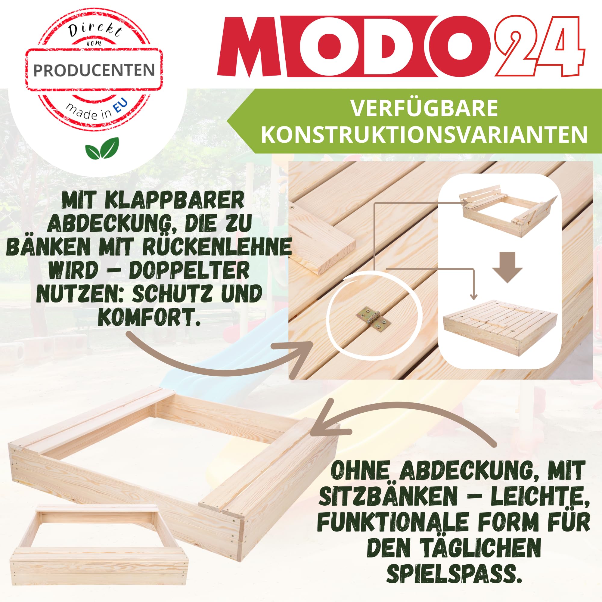 Sandkasten mit Deckel, Sitzbänken und Schutzplane, Holzsandkasten, Gartenspielzeug für Kinder, Sandkasten für Garten, Outdoor Sandkasten, Abmessungen 140x137 cm, Farbe: Grau (imprägniert)