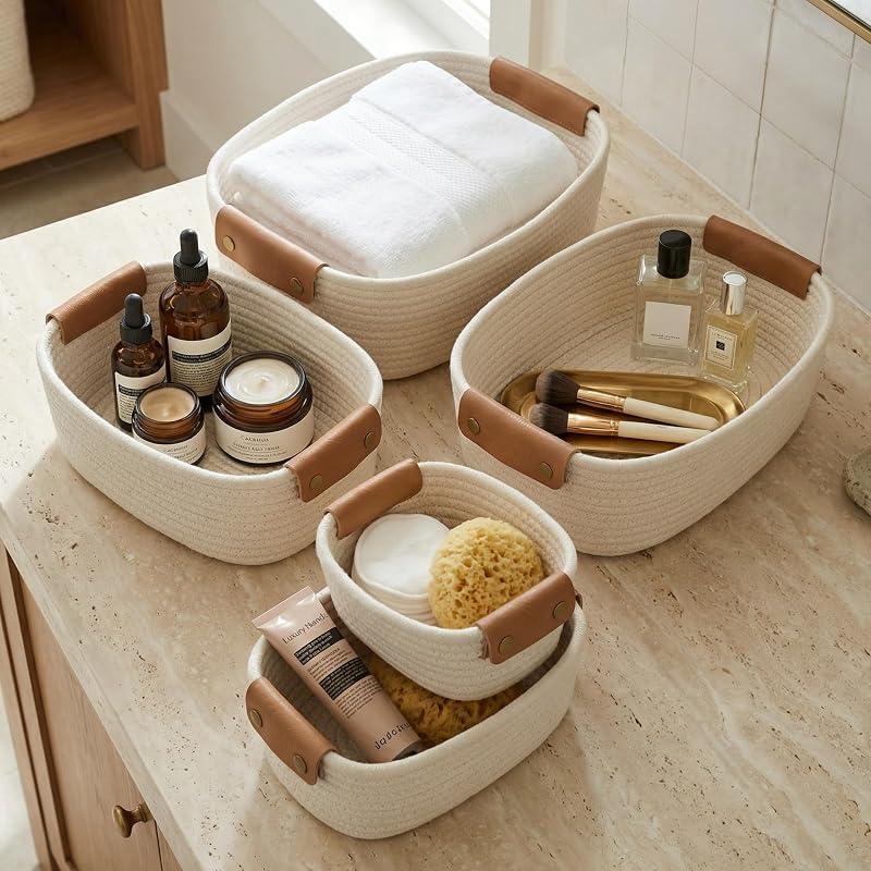 Hermoso juego de 5 cestas de almacenamiento – Cestas de cuerda de algodón resistentes para estantes | Perfecto para organizar su hogar: los contenedores de almacenamiento de calidad se adaptan fácilmente a cualquier decoración de cuarto de niños o dormitorio.