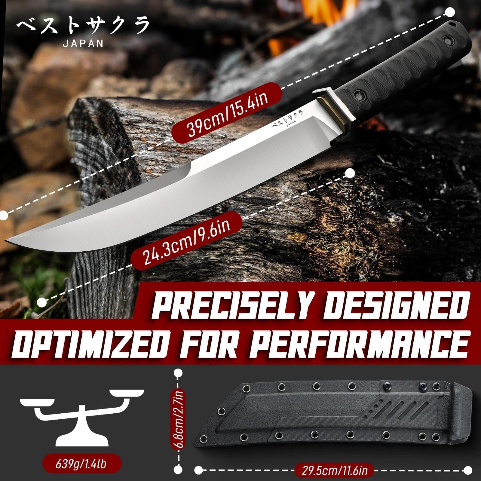 Freelander Großes Outdoor Messer Survival, Machete Scharf Echt Japanisch aus D2 Stahl, Jagdmesser Feststehende Klinge mit 6mm Klingenstärke, Outdoor Bushcraft Camping Messer mit Scheide