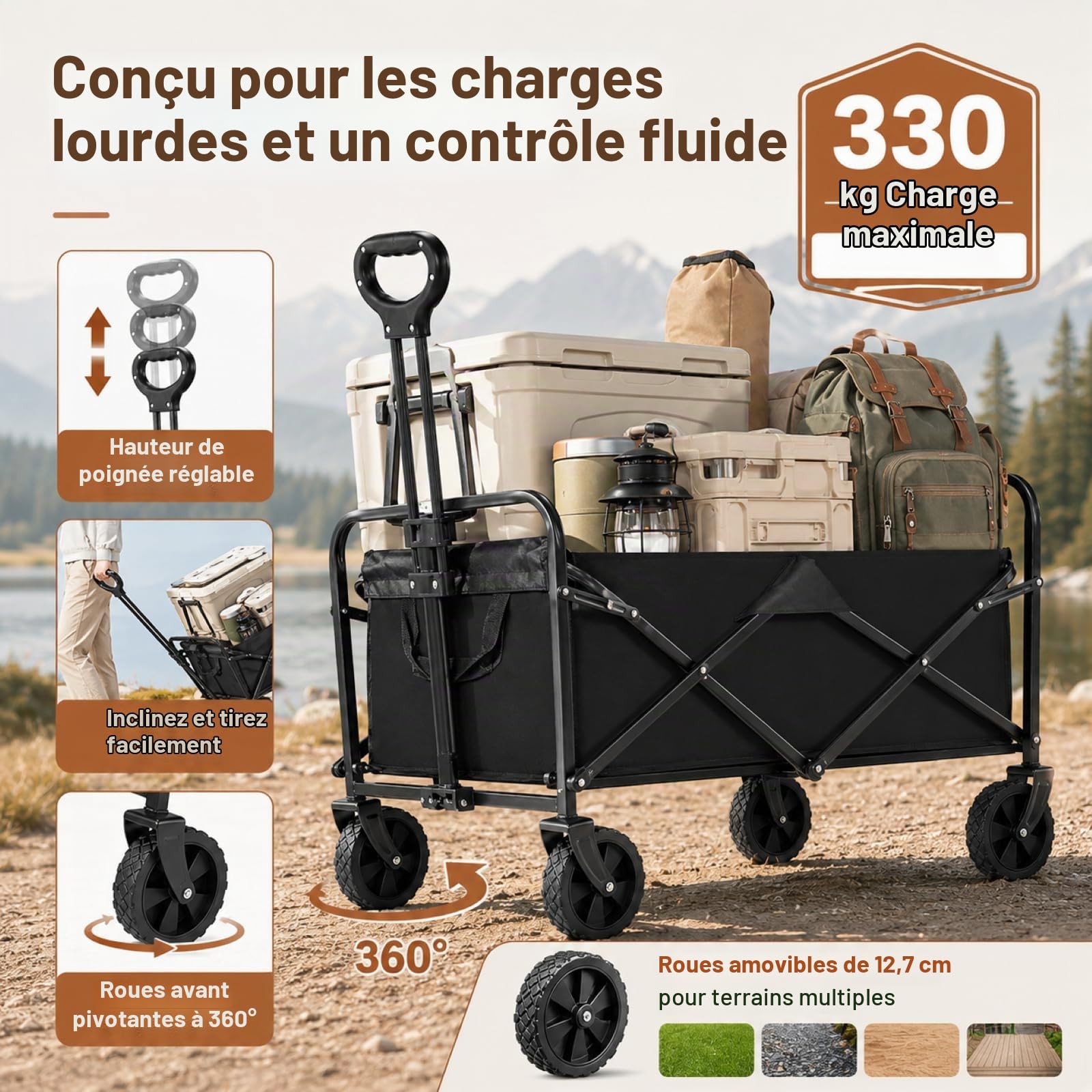 Surface de charge de 150 kg - Chariot de plage pliable - Grande capacité - Portable - Pour jardin, camping, festival