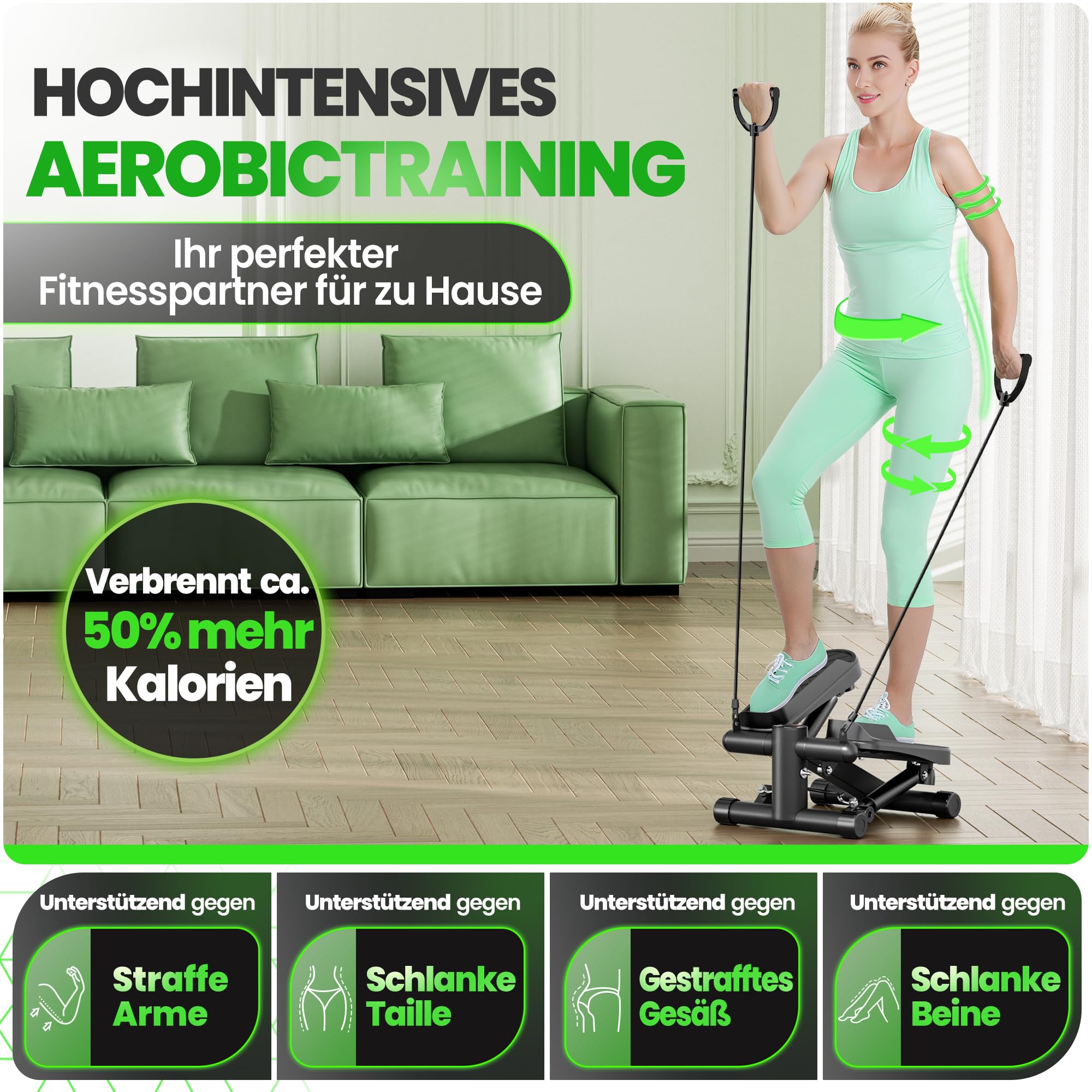 Ultrasport Stepper für Zuhause I Mini Stepper Fitness, 2 in 1 Up-Down Swing Stepper mit Power Ropes und LCD Display I Fitness Stepper für Zuhause, Ministepper