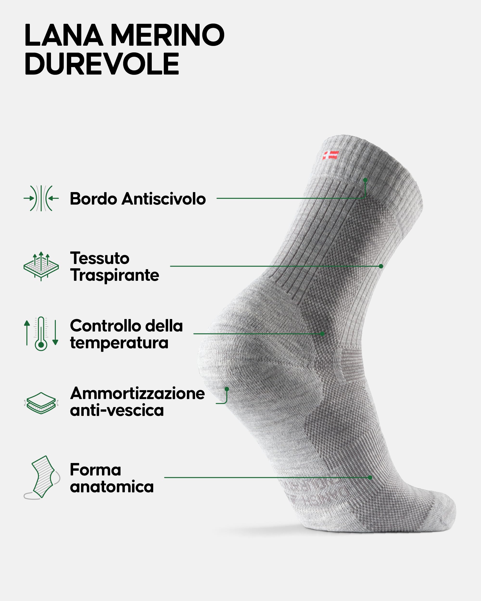 DANISH ENDURANCE Calze Trekking Leggere in Lana Merino, Anti-Vesciche, Traspiranti, da Uomo, Donna, Bambino, 3 Paia