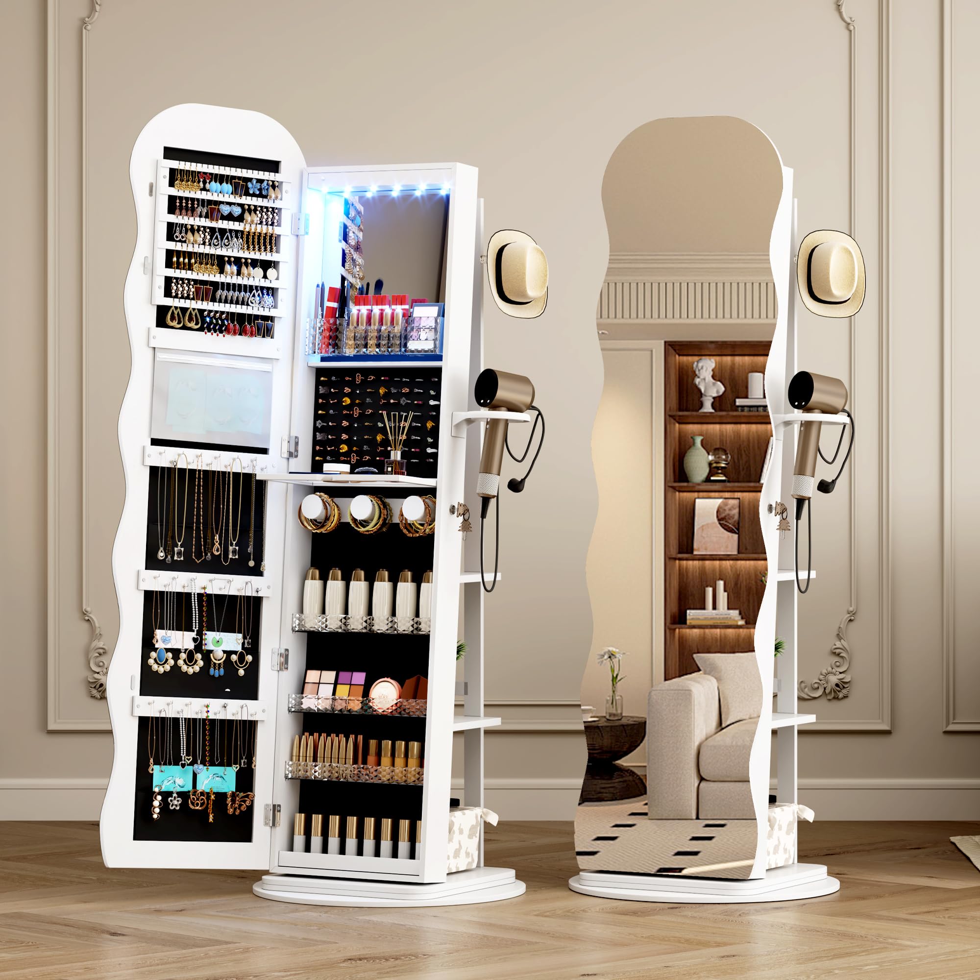 LVSOMT LED Schmuckschrank mit Gewellt Spiegel, 360° Drehbarer Schmuckschrank Abschließbar, Bogen Spiegelschrank Stehend Wohnzimmer Schlafzimmer, 3 Stufiges Regal & 3 Häkchen, Geschenke für Damen, Weiß