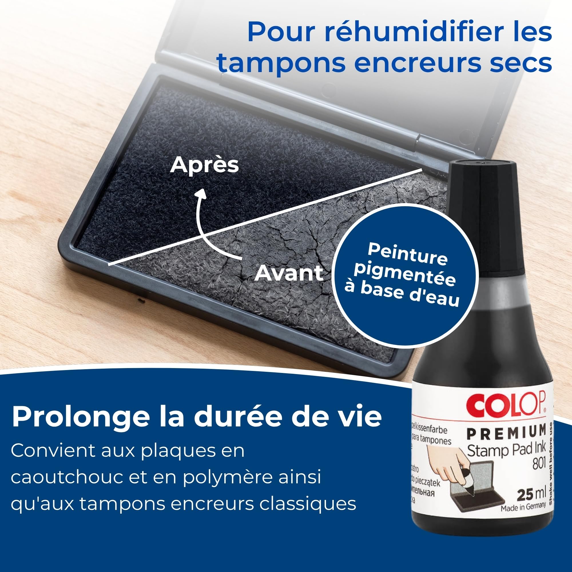 Encre de recharge COLOP 801 | Noir | 25 ml | Indélébile | Encre à base d'eau pour tampons en feutre et mousse. Testée dermatologiquement, avec buse d'application incluse.