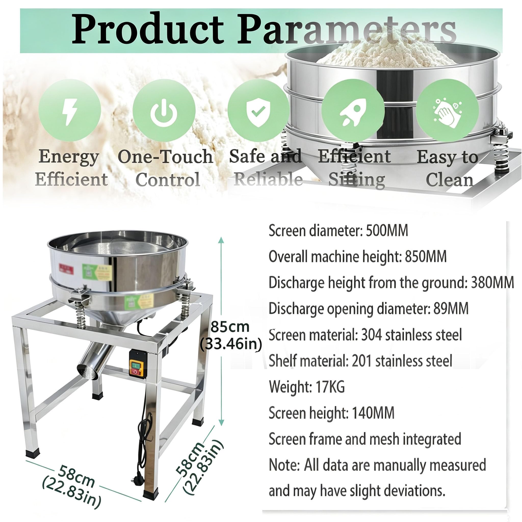 Tamizadora eléctrica de 500 mm de Grado alimentario, tamiz vibratorio automático de 70 W para harina, Herramienta de Cocina con Malla múltiple de Acero Inoxidable 304 para repostería. 150mesh