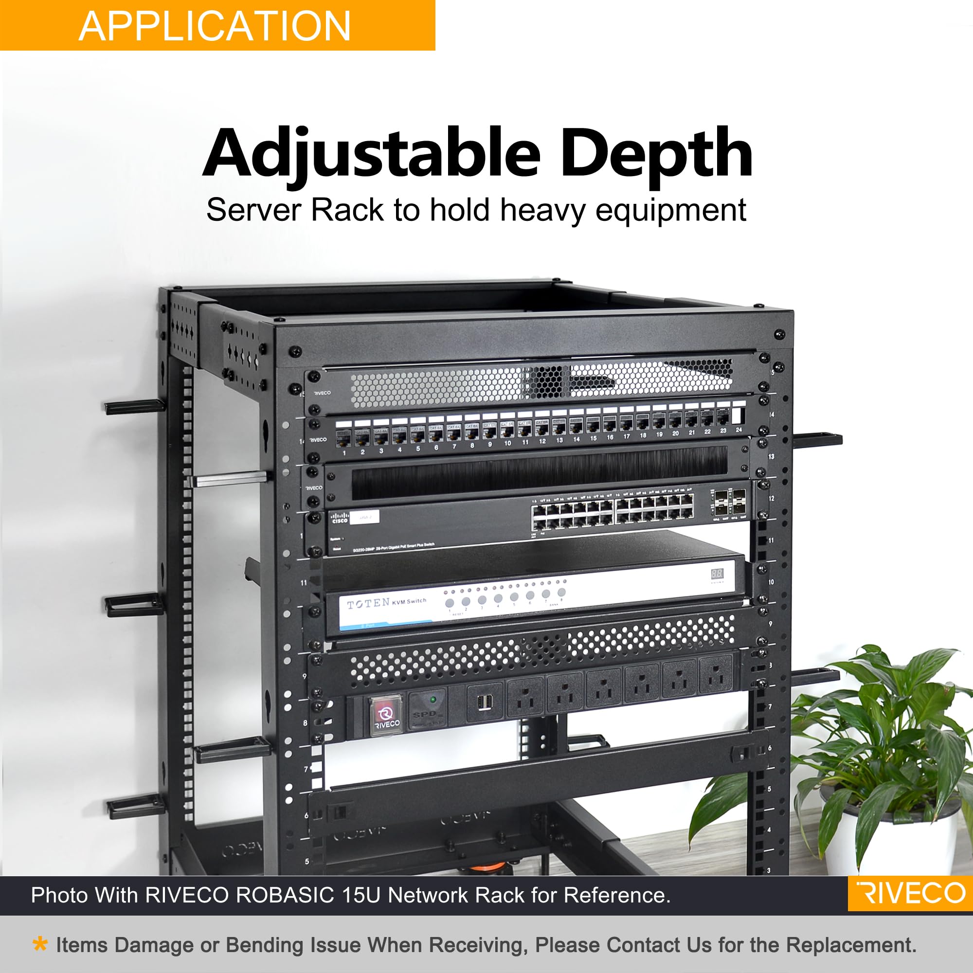 RIVECO 15U Server-Rack, verstellbare Tiefe, Netzwerk mit 4 Pfosten, offener Rahmen mit Nivellierfüßen und Rädern, vollständig Nieten, 635 kg