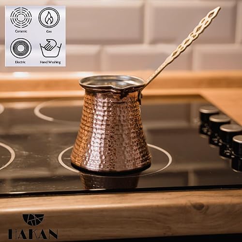 Miniatura 4 de Hakan Cafetera turca, cafetera griega árabe, Cezve de cobre martillado, cafetera vintage hecha a mano con mango de latón, otomana tradicional