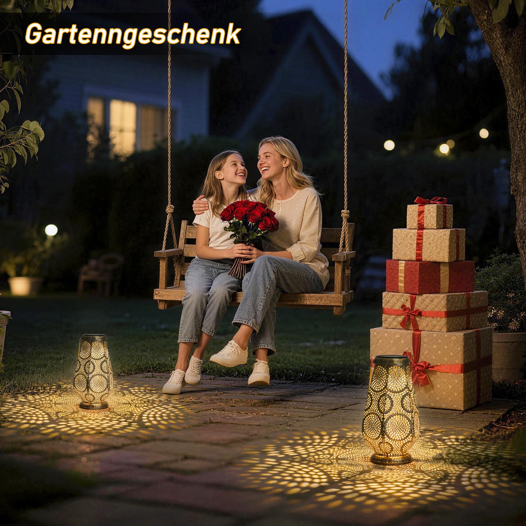 JOYCREATOR Lanterna solare per esterni, IP65, resistente alle intemperie, per esterni, da appendere, in metallo, per esterni, cortili, prati, giardini, regali di Natale per donne (bronzo/grande)