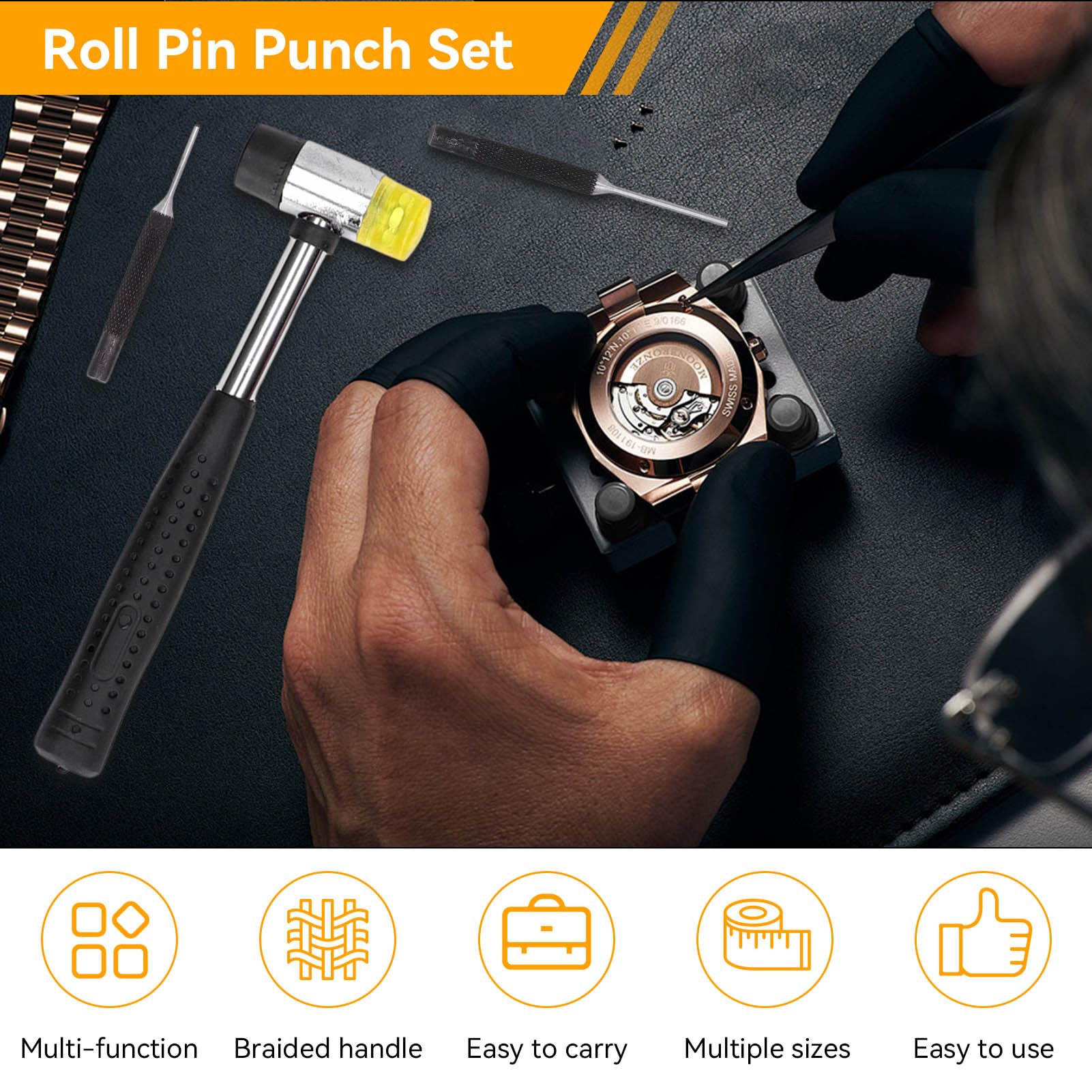 14pcs Roll Pin Punch Set, Gunsmithing Punch Removing Repair Tools with Hammer for Automotive, Watch, Jewelry and Craft