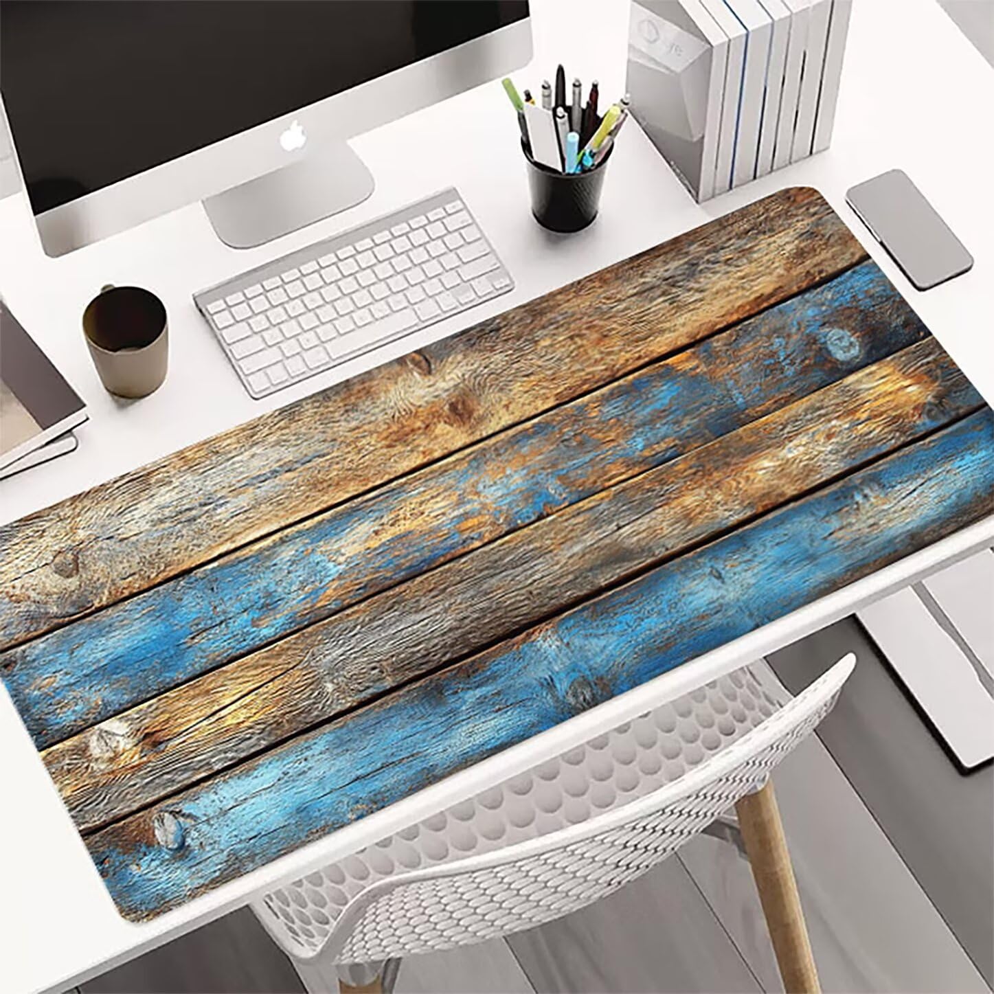 Lpfieonn Retro Großes Schreibtischunterlage, XXL Schreibtischunterlagen, Blau XXL Wasserdicht Gaming Mousepad mit Vernähter Rand und Rutschfeste Gummibasis, für Laptop/Hause/Büro 120x60cm PF-3221