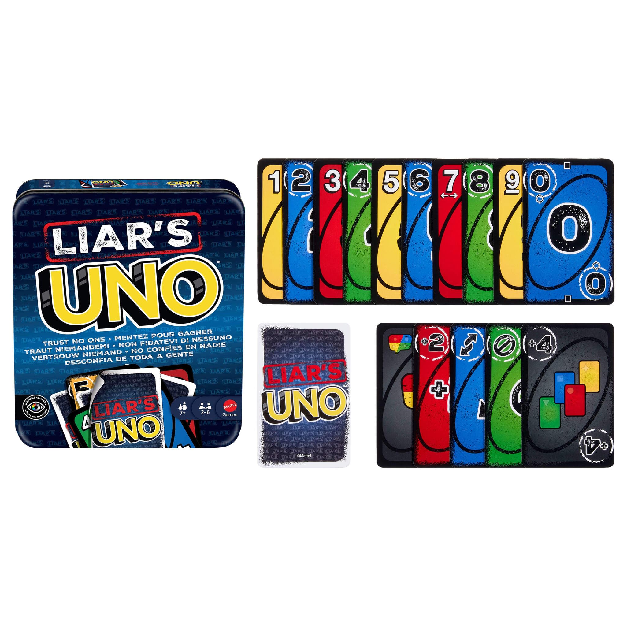 Mattel Games UNO del mentiroso Juego de cartas en lata para almacenamiento y transporte, para niños, adultos, noches en familia y fiestas, supera a los demás jugadores con mentiras y trucos, JLH68