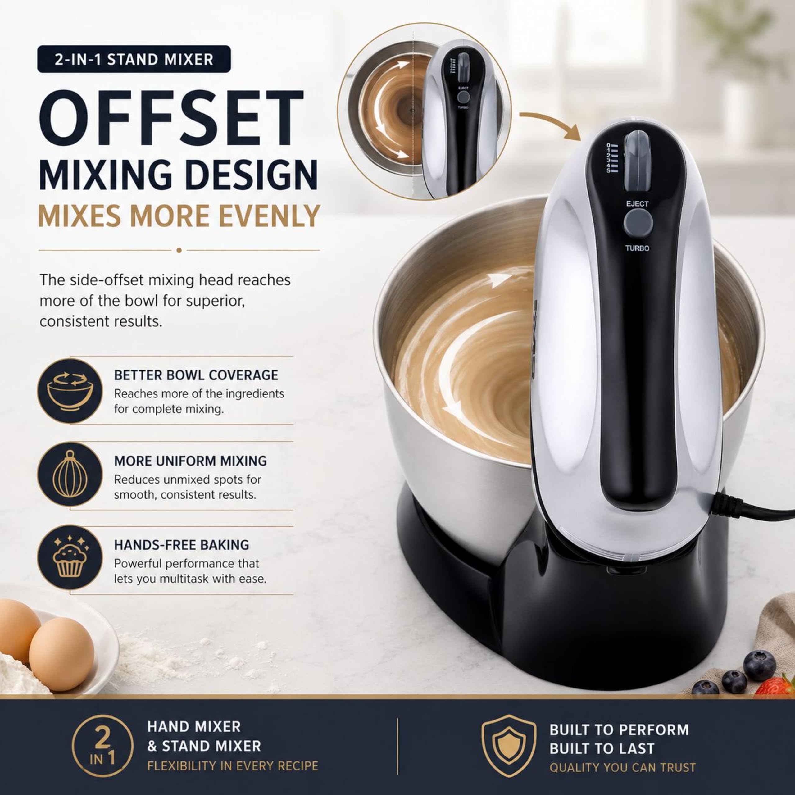 2-in-1 electric mixer with stand; mixes quickly and efficiently; 300W power; 5 speed settings; 3.5-liter capacity; ideal for home use and hobbyists