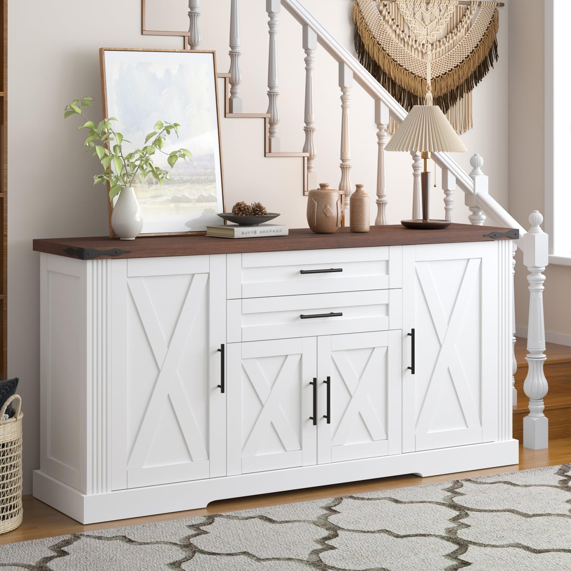 KEIKI 63" Farmhouse Barn Door Sideboard Buffet Cabinet with Storage – 2 Drawers, Door Rack, Adjustable Shelves, Door Rack, Kitchen Buffet, Large