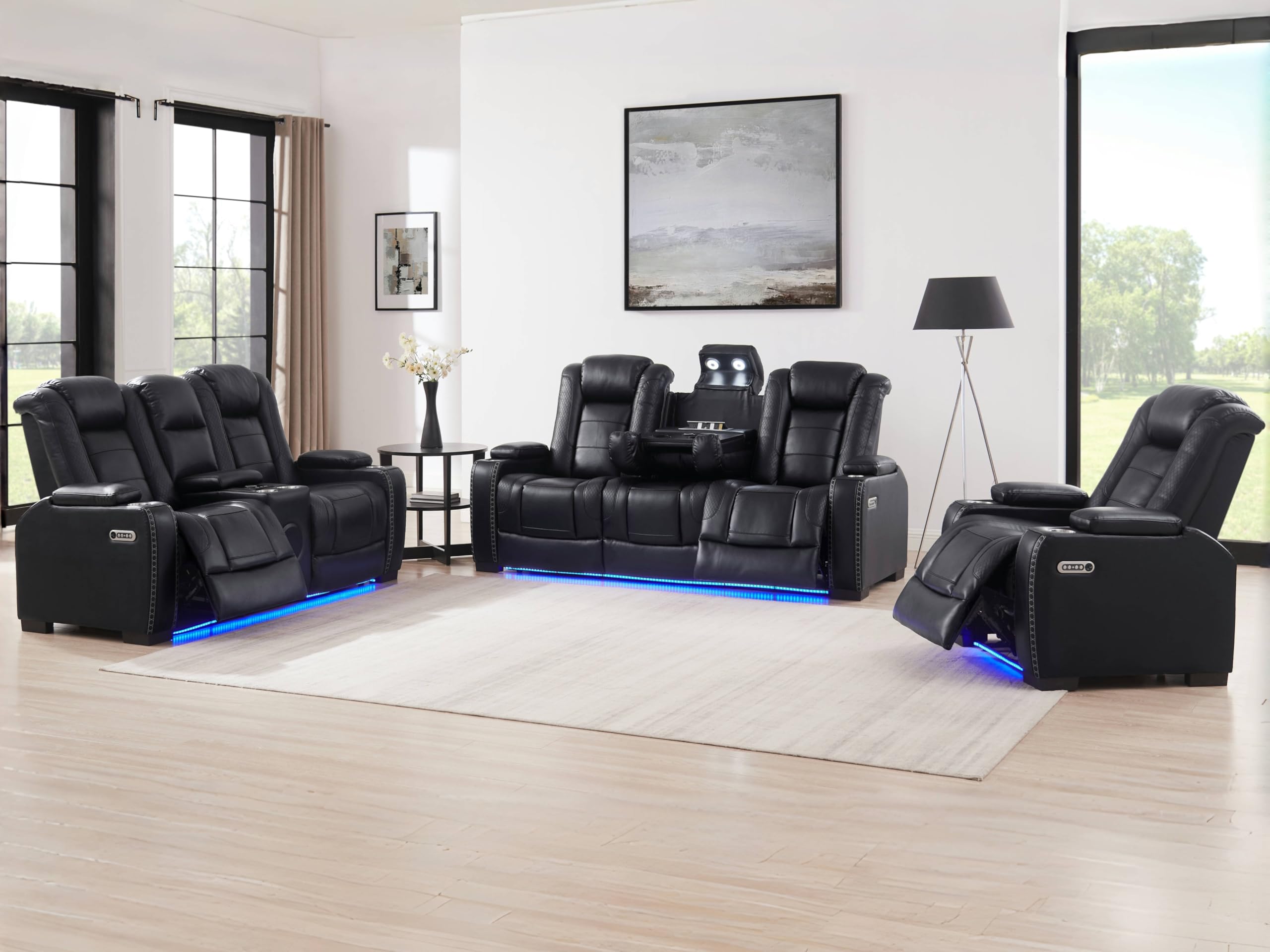 THSUPER Power Black Leather Recliner Sofa for Living Room Furniture Sets with Arm Storage and Power Headrest, Leather Living Room Reclining Couch Set