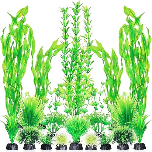 Fishdance Aquarium Plants, Artificial Fish Tank Decorations Decor Plastic Plants Set 18 Units