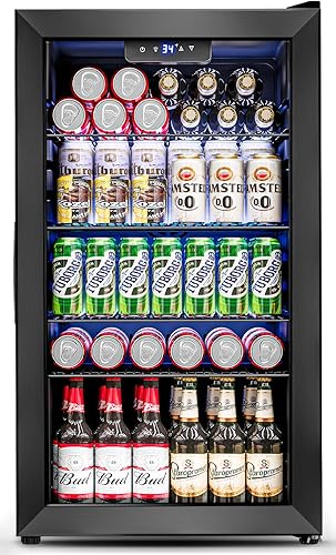 Feelfunn Refrigerador de bebidas Mini refrigerador con puerta de vidrio para 126 latas para refrescos, cervezas, vino, nevera de bebidas