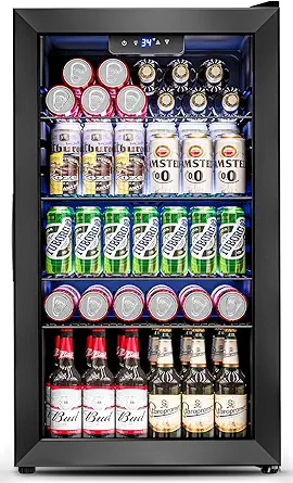 3.2 Cu.Ft Mini Fridge with Glass Door - 126 Can Beverage Refrigerator Cooler for Drink Beer Wine Soda, Small Fridge for Bedroom Office Bar Dorm, 4 Adjustable Shelves, Black