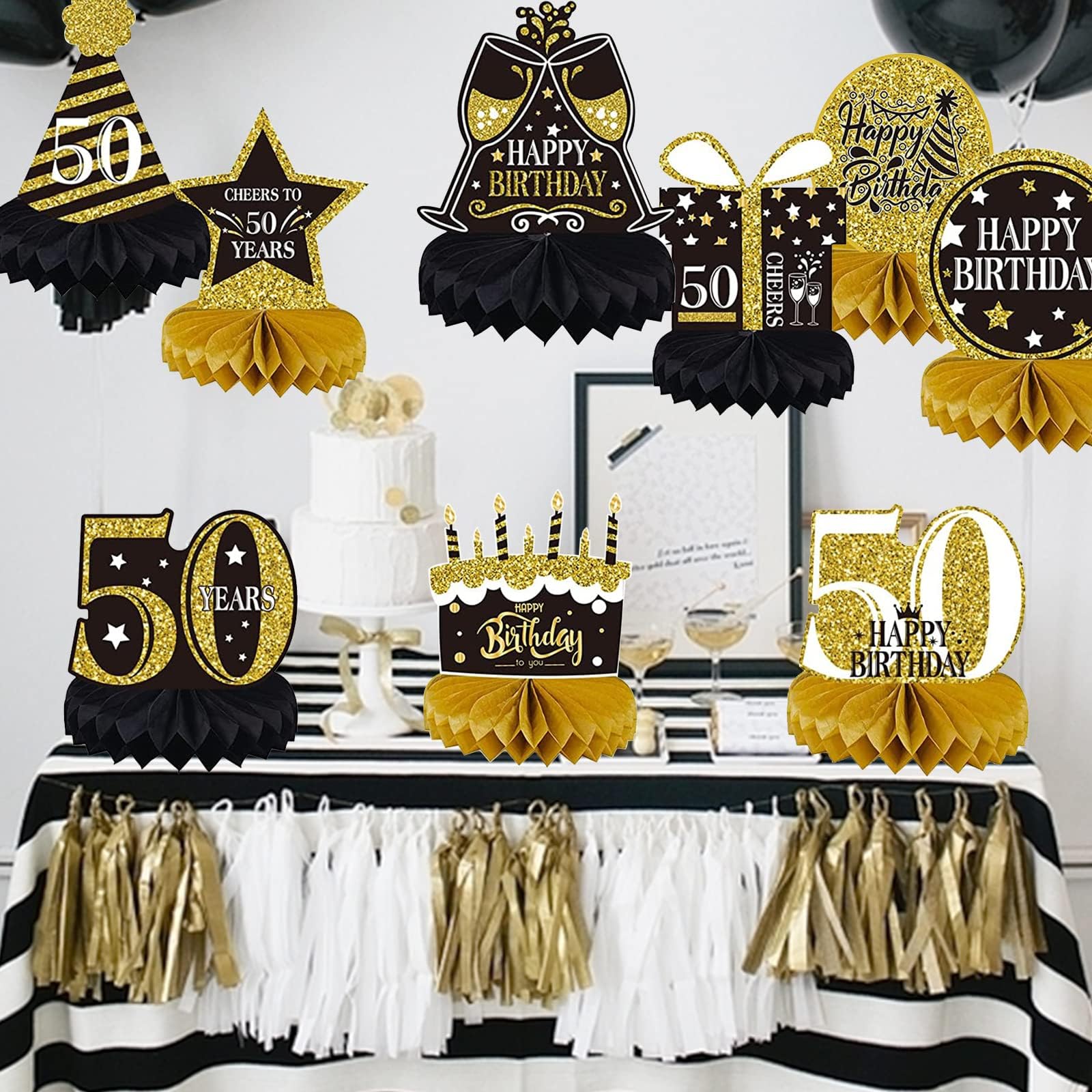 50th Birthday Decorations for Men Women - Black Gold 50 Honeycomb Centerpieces for Tables, 9PCS 50th Birthday Party Decoration Supplies, Forty Years Themed Party Decor (50th Birthday)