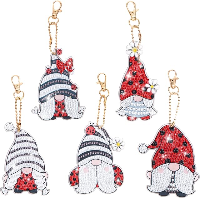 5 Pcs DIY Diamond Painting Keychain, 5D Full Drill Diamond Painting Keyring, Diamond Stickers Painting Kits Art Crafts Set, Dwarfs and Ladybug, Decorative Painting Pendant Kits for Children