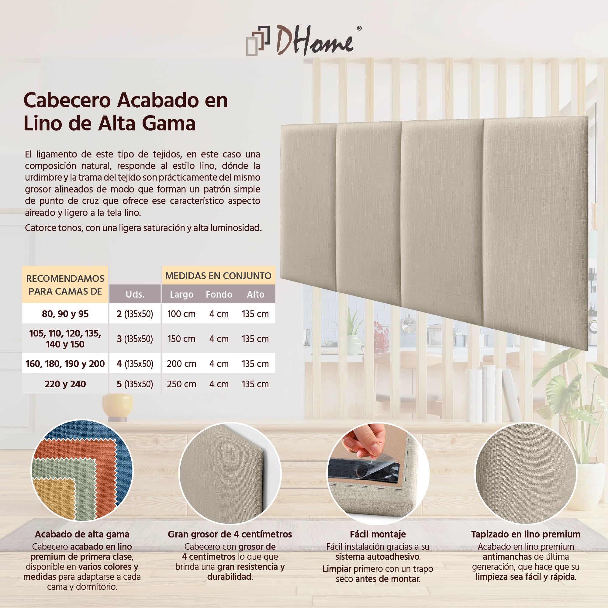 DHOME Testiera Imbottita in Lino Naturale Liscio Antimacchia Design Modulabile Verticale Autoadesivo Testata Letto Camera da Letto Imbottita (Beige, 180cm, Altezza 135cm, x4)