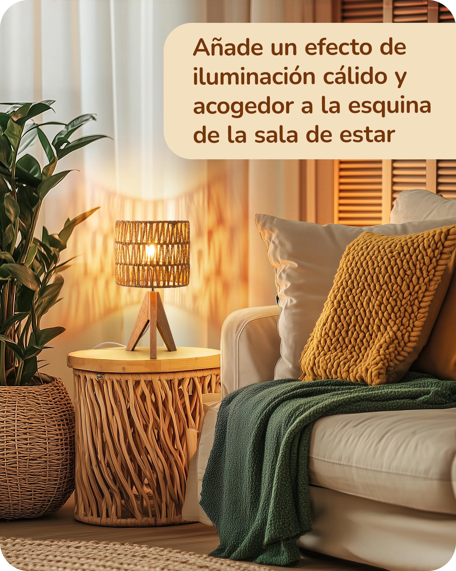 EDISHINE Lámpara de Mesita de Noche, Lámpara de Mesa con Pantalla de Lino Blanco y Base de Madera Natural, Casquillo E27, Bombilla LED de 2700K Incluida, para Sala de Estar, Dormitorio y Oficina