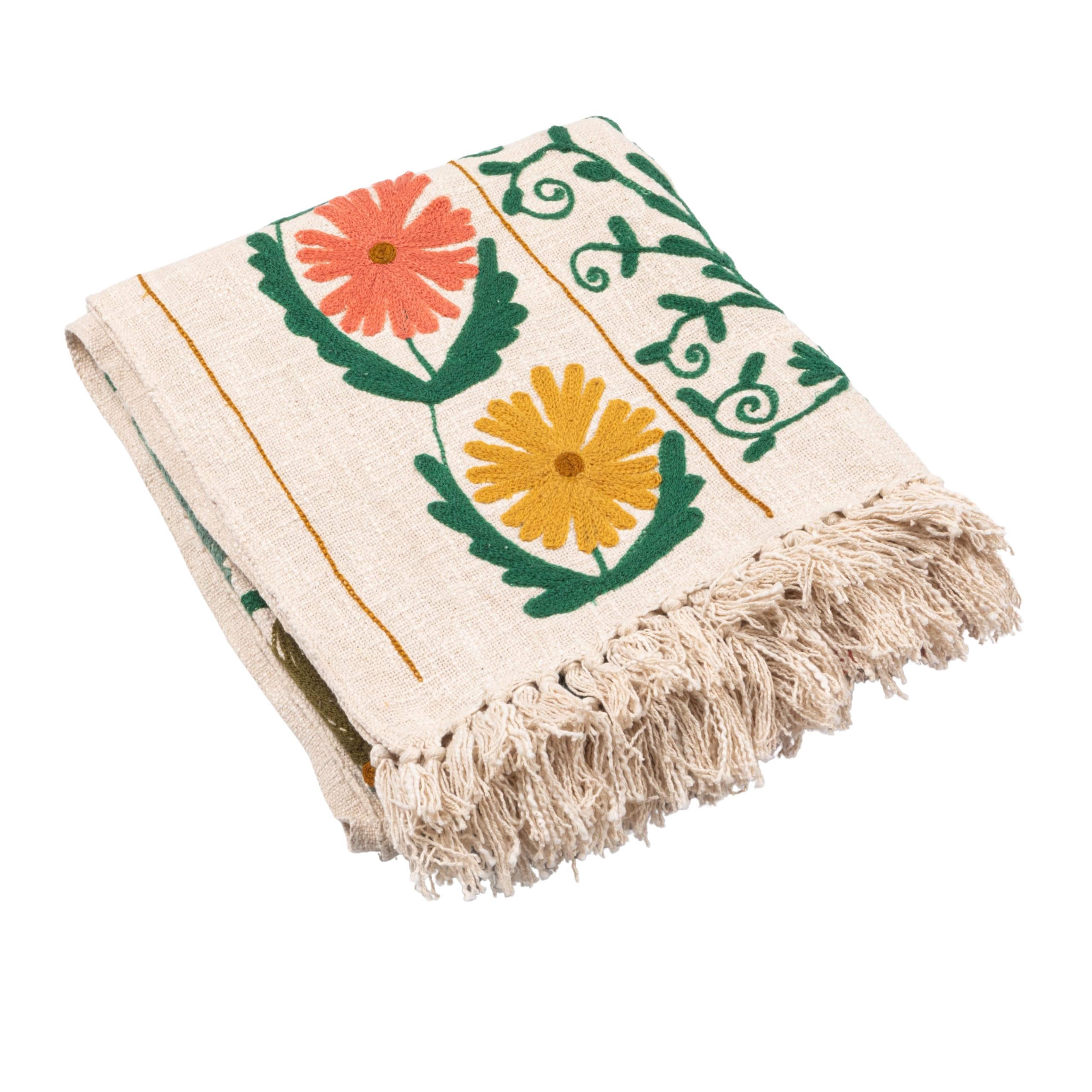 Creative Co-Op Cotton Slub Embroidered Throw with Suzani Pattern and Tassels, Multicolor