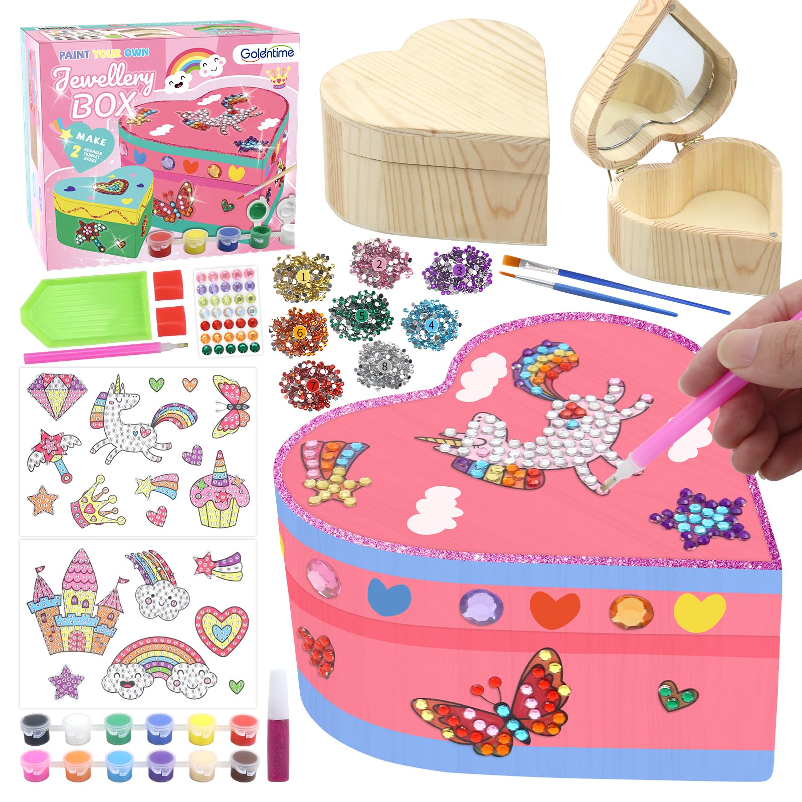 2 Pack Decorate Your Own Sparkly Heart Jewelry Boxes - Gem Diamond Painting Kit for Kids, Arts and Crafts for Kids Ages 5 6 7 8 Years Old Christmas Valentine Birthday Gifts for Girls.