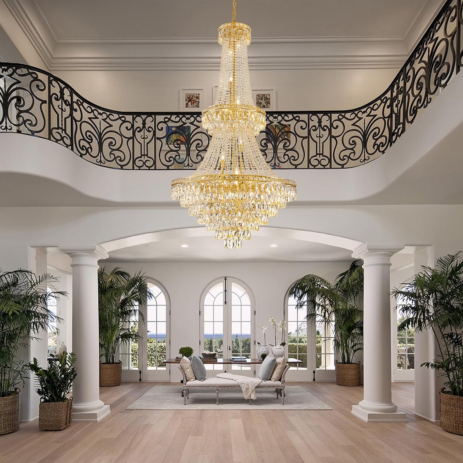26 Lights Gold Luxury Crystal Chandeliers Large Modern Chandelier for High Ceilings Crystal Pendant Light Fixture Foyer Staircase Hallway Entryway Banquet Hall Lobby 63" H x 30.7" D
