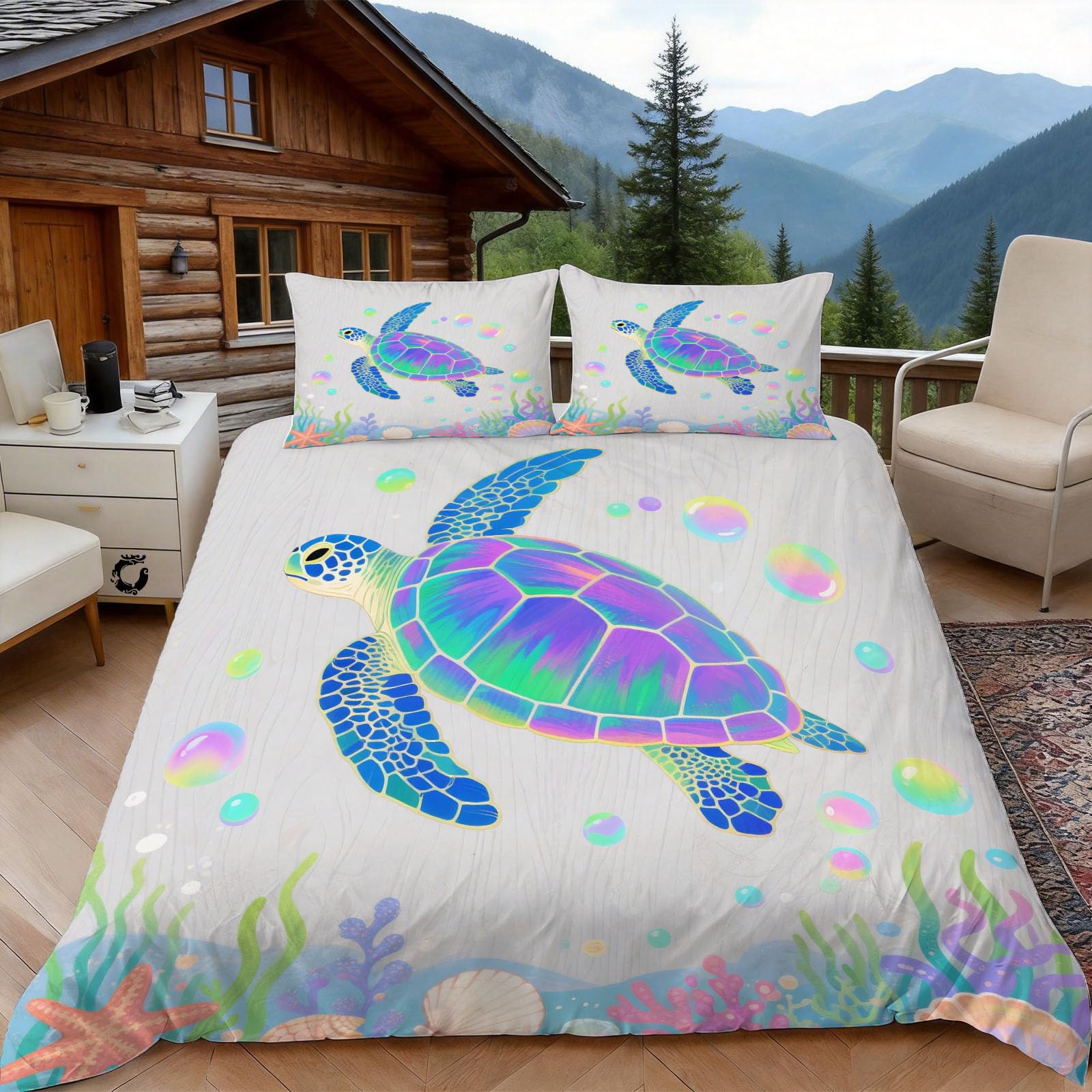 Housse de couette 140x200 tortue de mer parure de lit 1 personne fond marin microfibre 2 taies