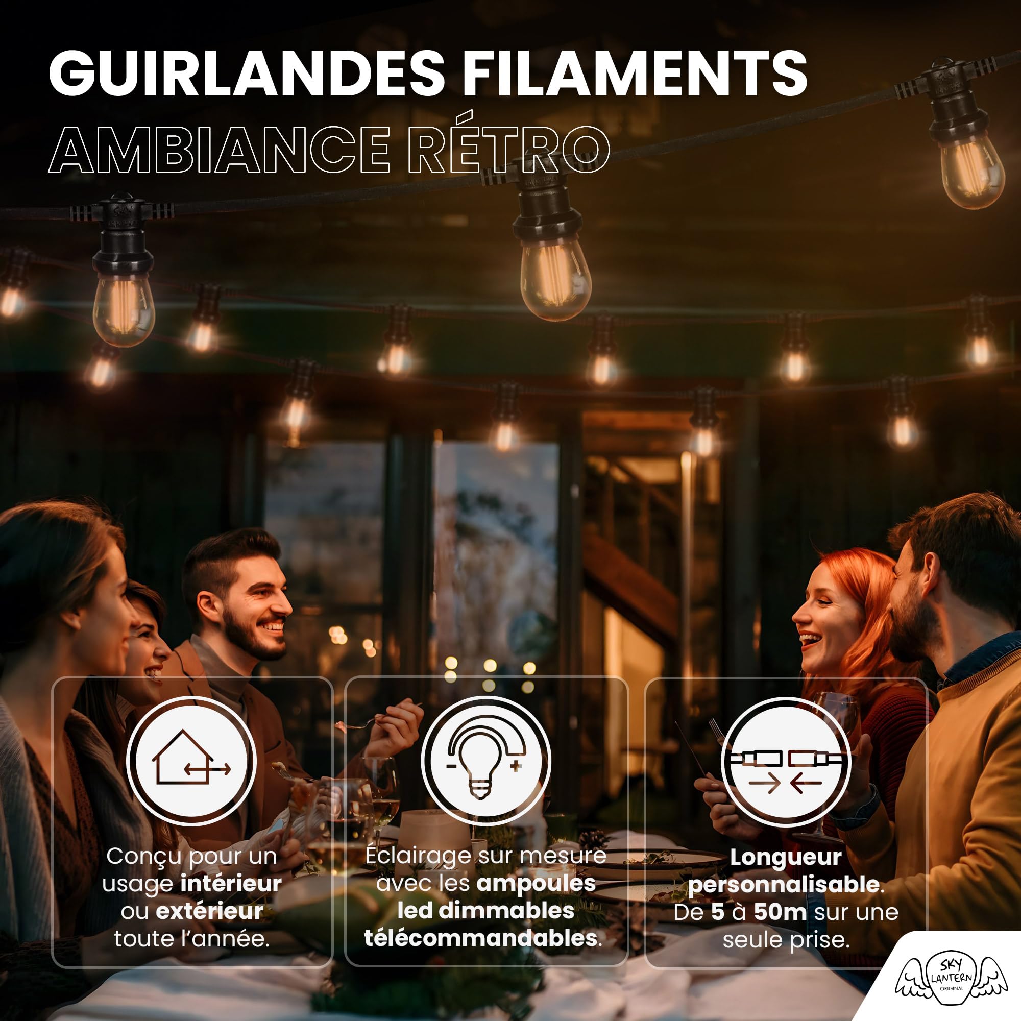 SKYLANTERN LED Lichterkette Außen Strom 20M IP65 Wasserdicht E27 Bernstein Filament 60 Glühbirnen 2700K Warmweiß Bruchsicher Erweiterbar für Garten Terrasse Balkon Hochzeiten Partys Restaurants