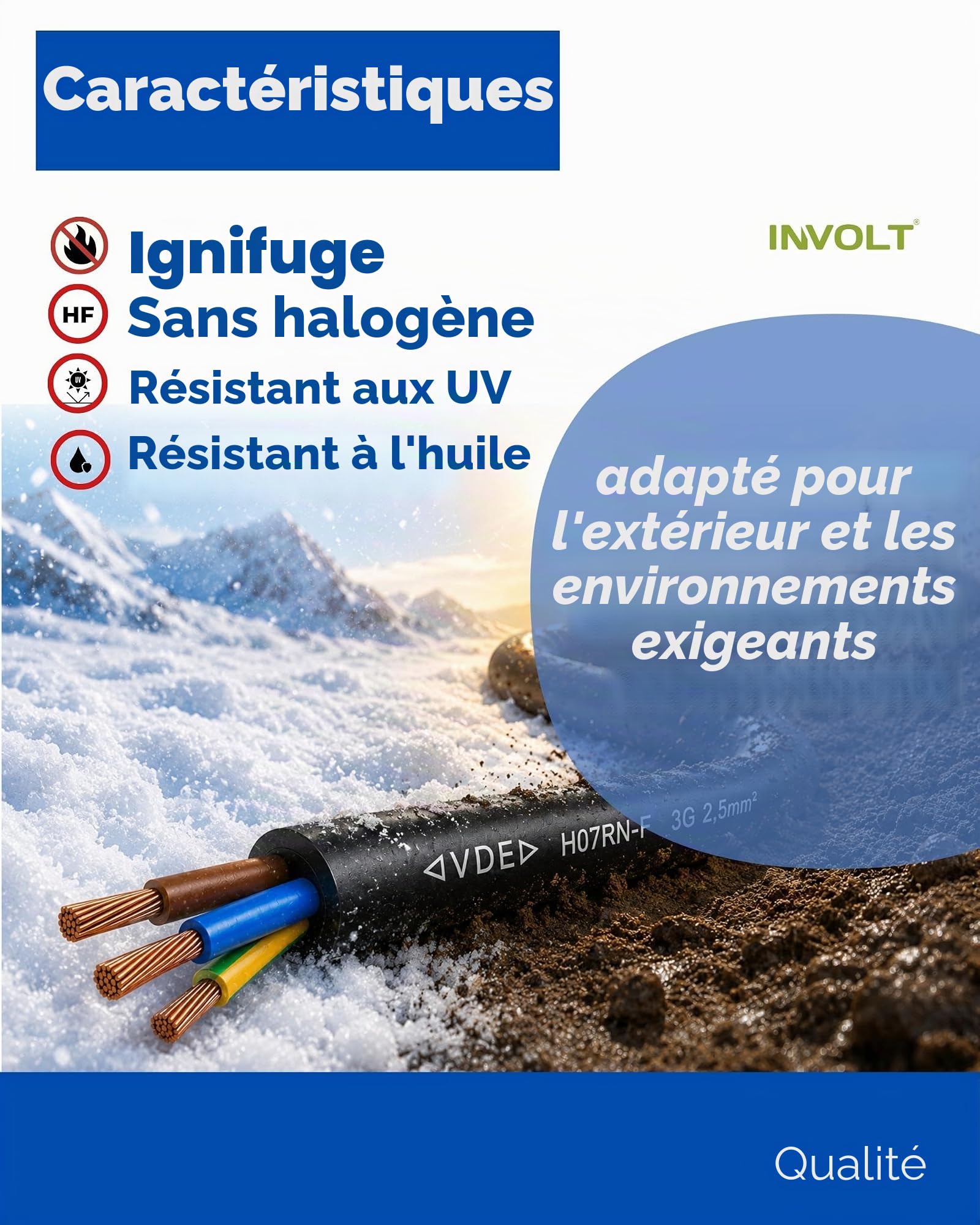 INVOLT H07RN-F 3 x 2,5 mm² Câble en caoutchouc VDE flexible avec conducteur de protection 10 m