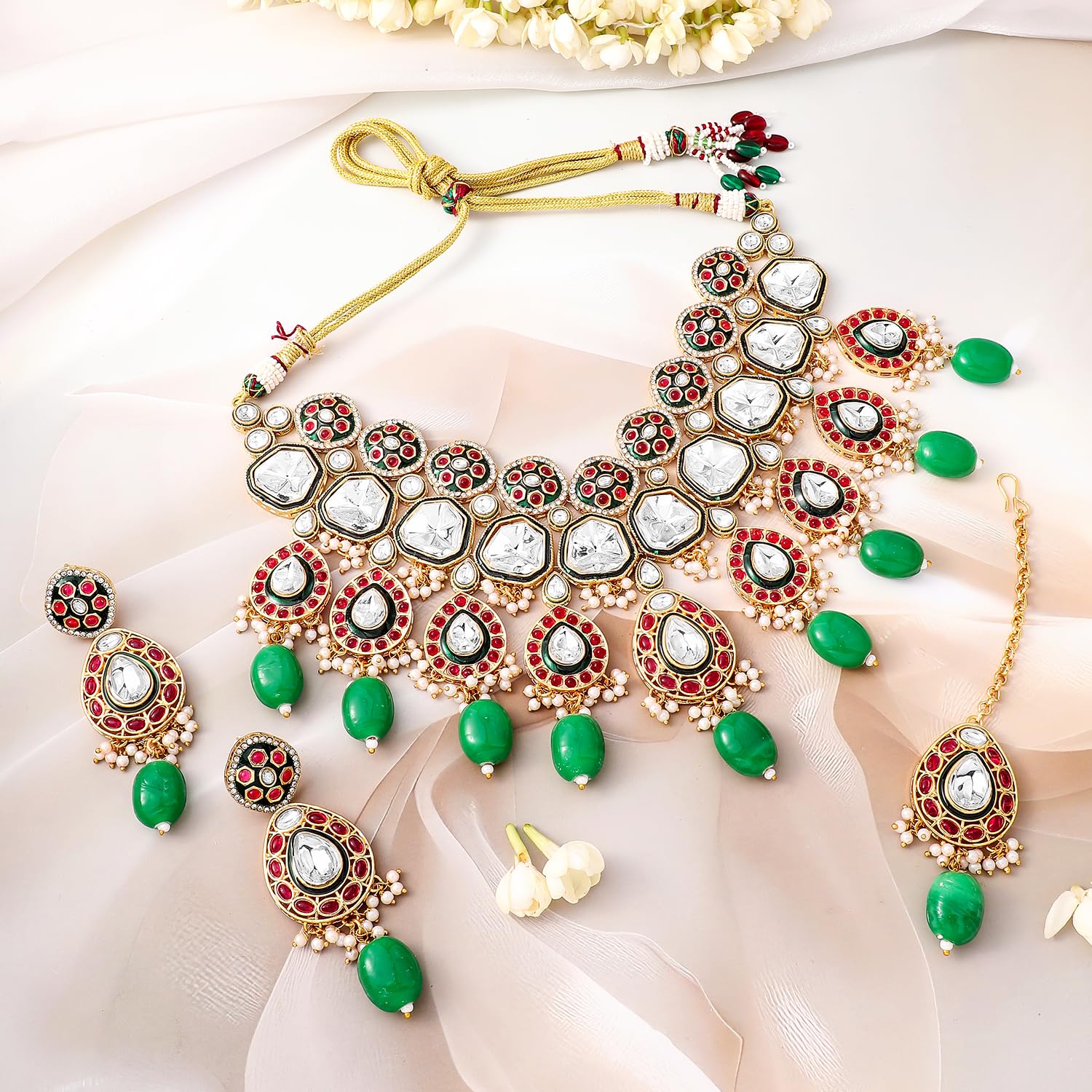 Rubans Kundan placcato oro & rubino, pietra verde tempestata e perline collana da sposa set