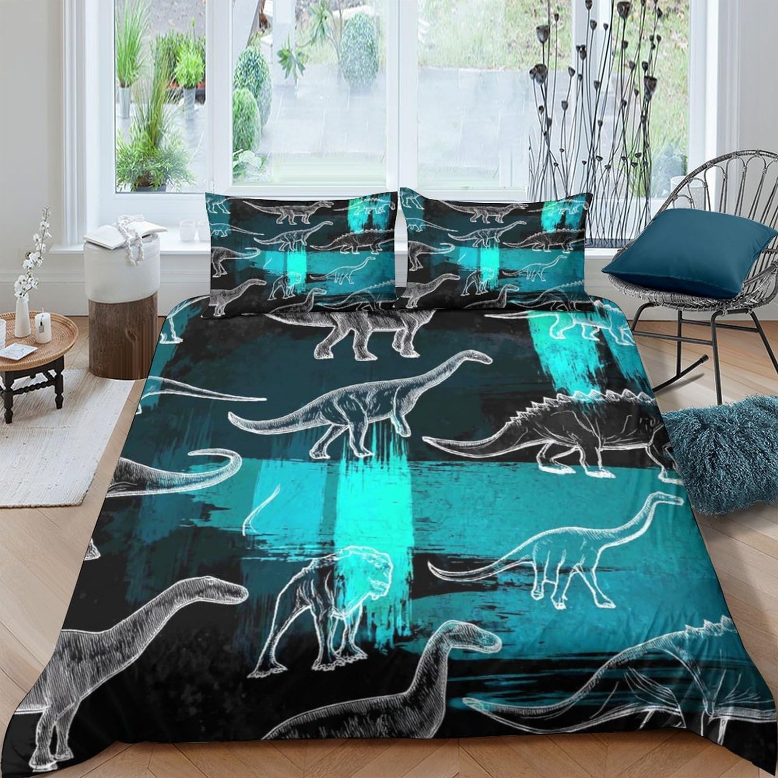 GPLZQXKJNH 3D Printed Dinosaur Pattern Duvet Cover Microfiber Soft Breathable Jurassic Bedding Set with 2 Pillowcases for Bedroom Decor Single（135x200cm）