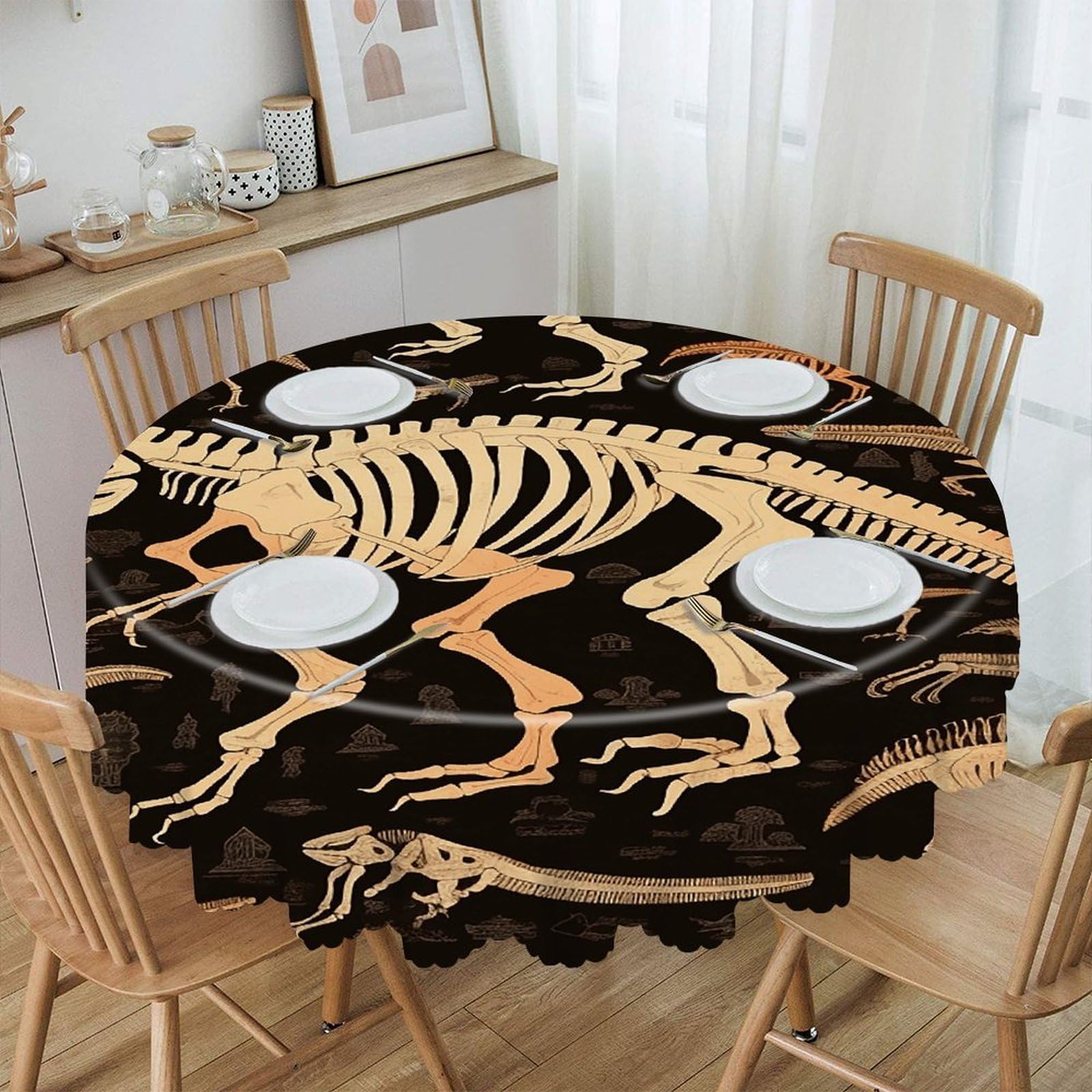 LZQPOEAS Dinosaur Skeleton Print Round Tablecloth Rustic Circle Table Cloth Wrinkle Resistant Decor Tablecloth Waterproof Washable Table Cover for Kitchen Party Dining Table 60 Inch