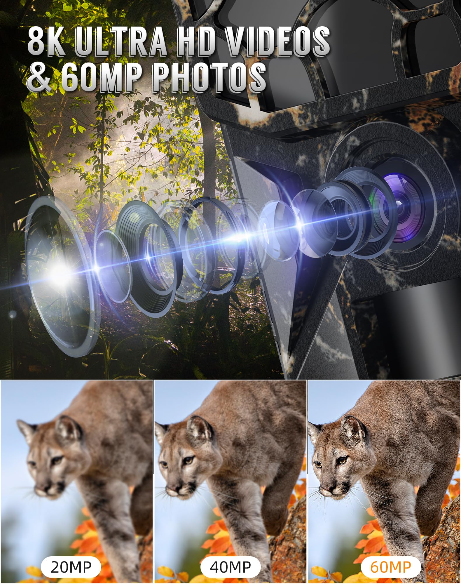 Fototrappola - Solare 8K 60MP WiFi fototrappola, attivazione da movimento in 0,1 secondi, raggio di rilevamento di 20 metri, visione notturna HD senza emissione di luce, impermeabile IP66, scheda di m