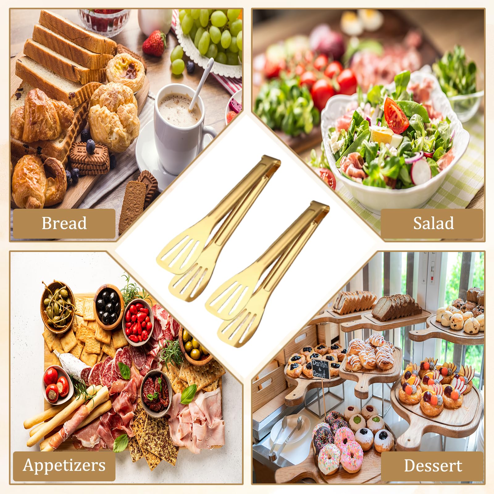 Paquete de 6 pinzas de cocina, pinzas doradas de 7 pulgadas, pinzas pequeñas de acero inoxidable, pinzas de servir para bufé, fiesta, ensalada, aperitivos
