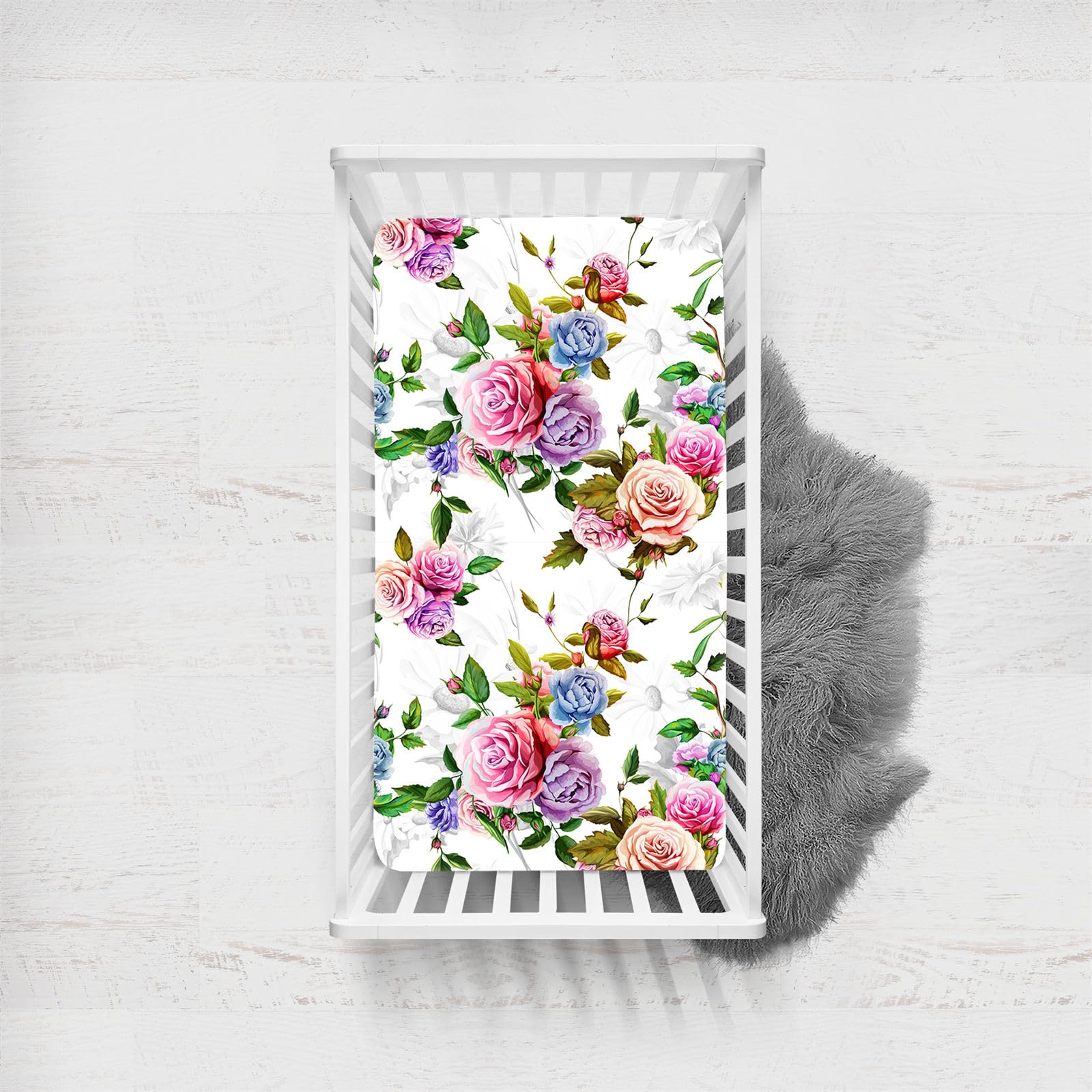 Odot Cot Bed Fitted Sheets, 3D Plants Flower Print Moses Basket Fitted Sheet Microfibre Crib Fitted Sheets Baby Bed Sheets Bassinet Sheets Cot Bed Mattress Protector (Rose Flower,75x33cm)