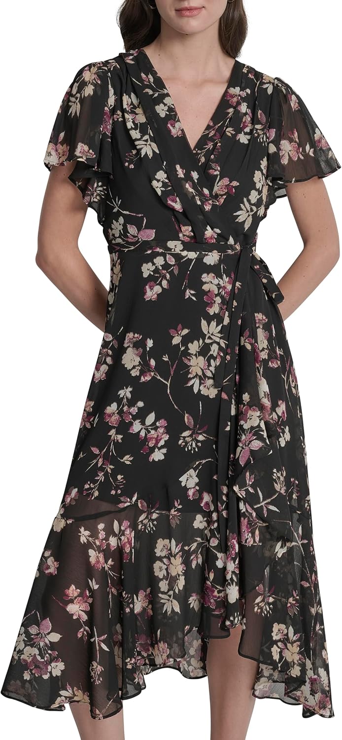 DKNY Womens Cap Sleeve Surplice Neck Side Tie Faux Wrap Midi Dress