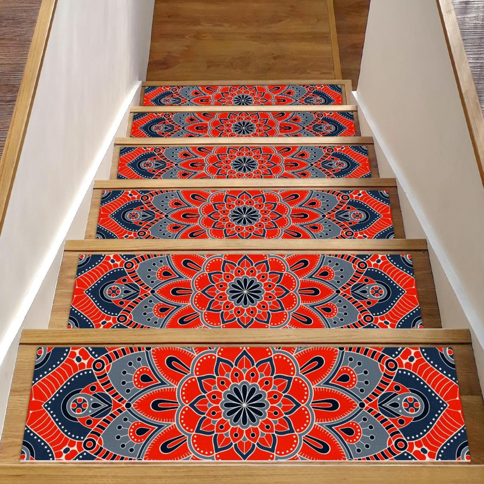 Alfombra para escaleras de madera mandala rosa 15 piezas de 8x30 pulgadas antideslizantes