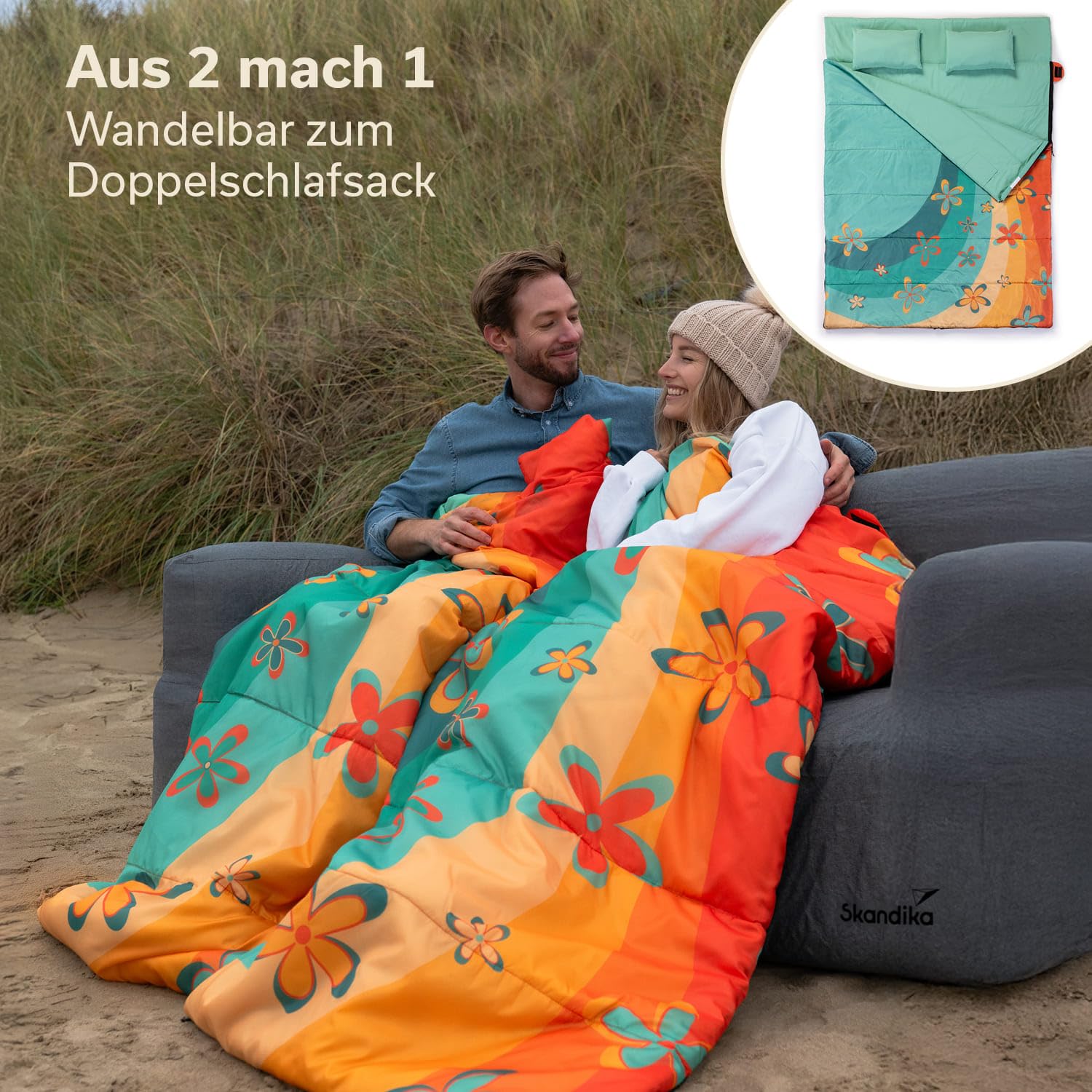 Skandika Deckenschlafsack Sovro | Schlafsack Outdoor für Erwachsene, 3 Jahreszeiten, als Doppelschlafsack nutzbar, Camping Schlafsäcke mit Kissen, Schlafsack Erwachsene