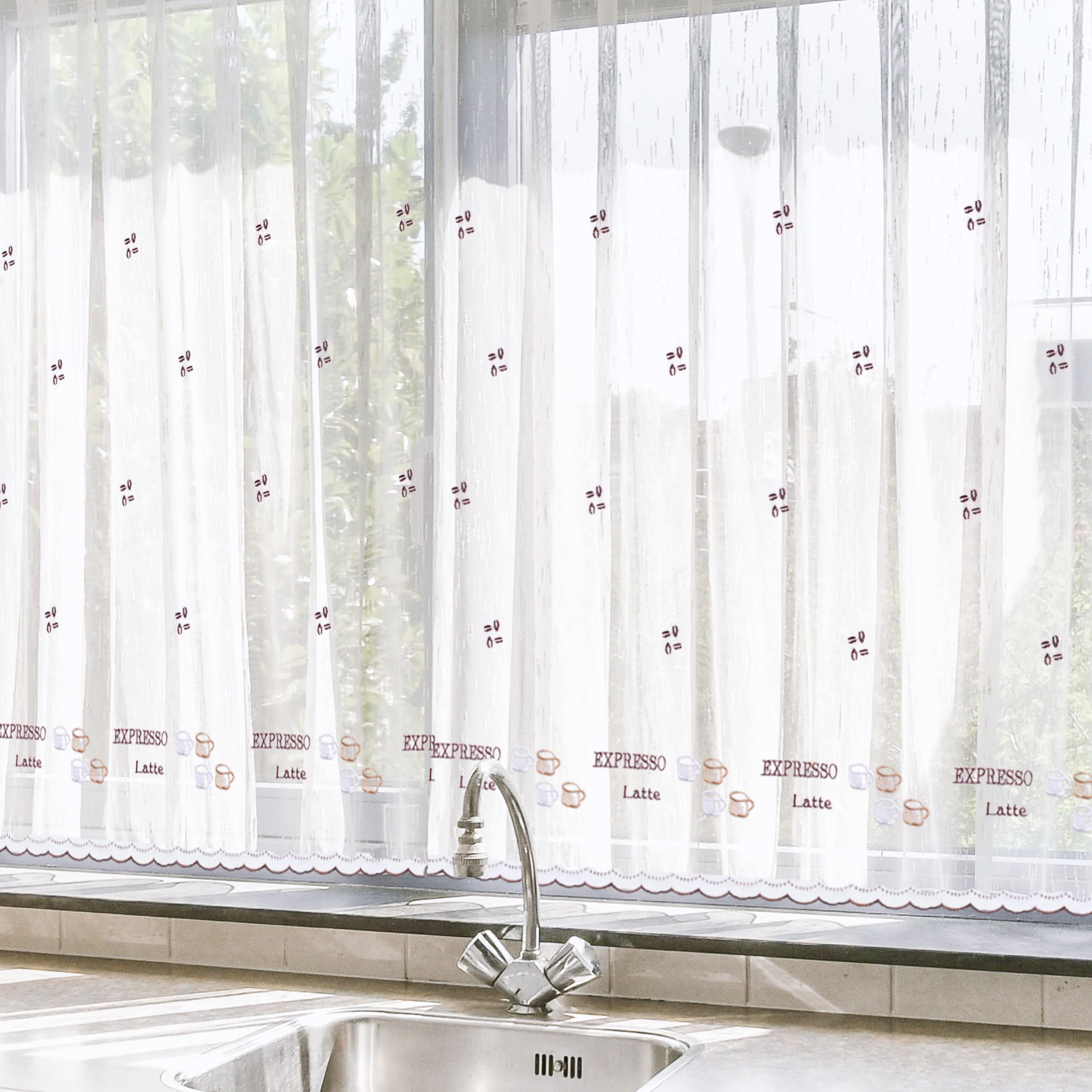 HOMEYA - Cortina Cocina Translúcida 100x140cm - Visillo Transparente Estampado para Ventana, Marco de Puerta - 2 Unidades