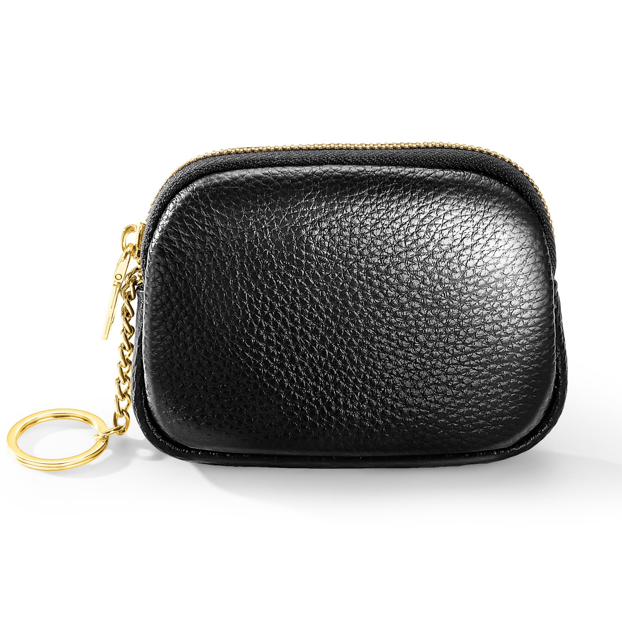Xzenuo Genuine Leather Coin Purse, Small Change Purse Keychain Wallet for Women, Mini Coin Pouch with Zipper, Black
