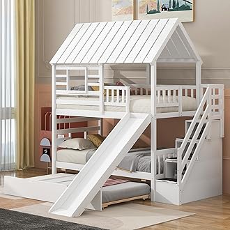 Merax Twin Over Twin House Bunk Bed, Wooden Bed Frame with Trundle and Slide, Storage Staircase, Roof and Window Design, White