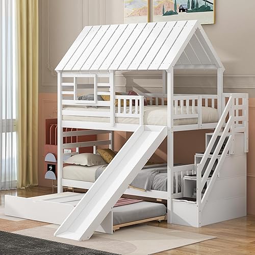 Miniatura 8 de Merax Cama de casa de madera de tamaño individual marcos de cama bajos con dos ventanas frontales y techo para niñas y niños blanco techo gris