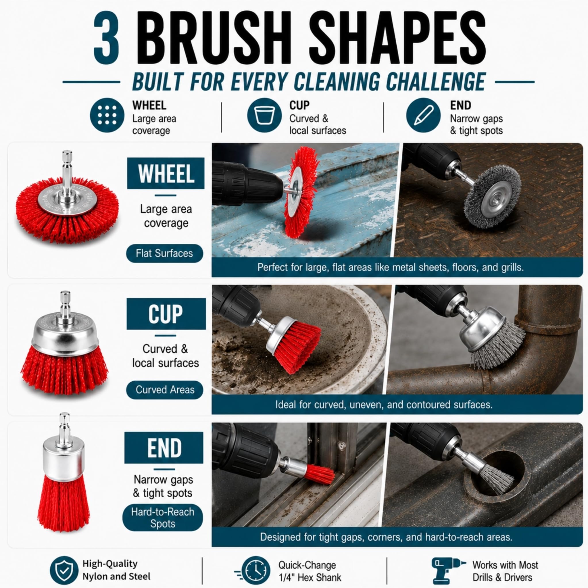 9 Drill Brush Set - Nylon & Steel for Rust Removal -4