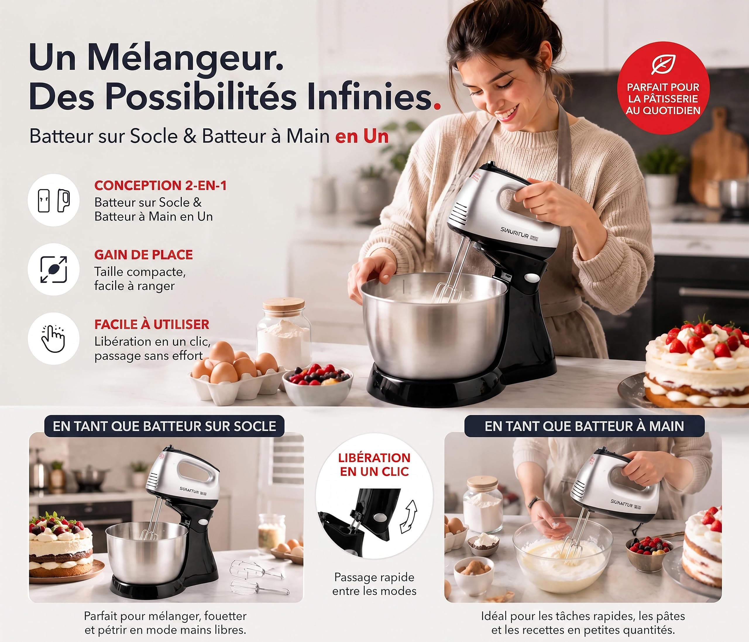 2-in-1 electric mixer with stand; mixes quickly and efficiently; 300W power; 5 speed settings; 3.5-liter capacity; ideal for home use and hobbyists