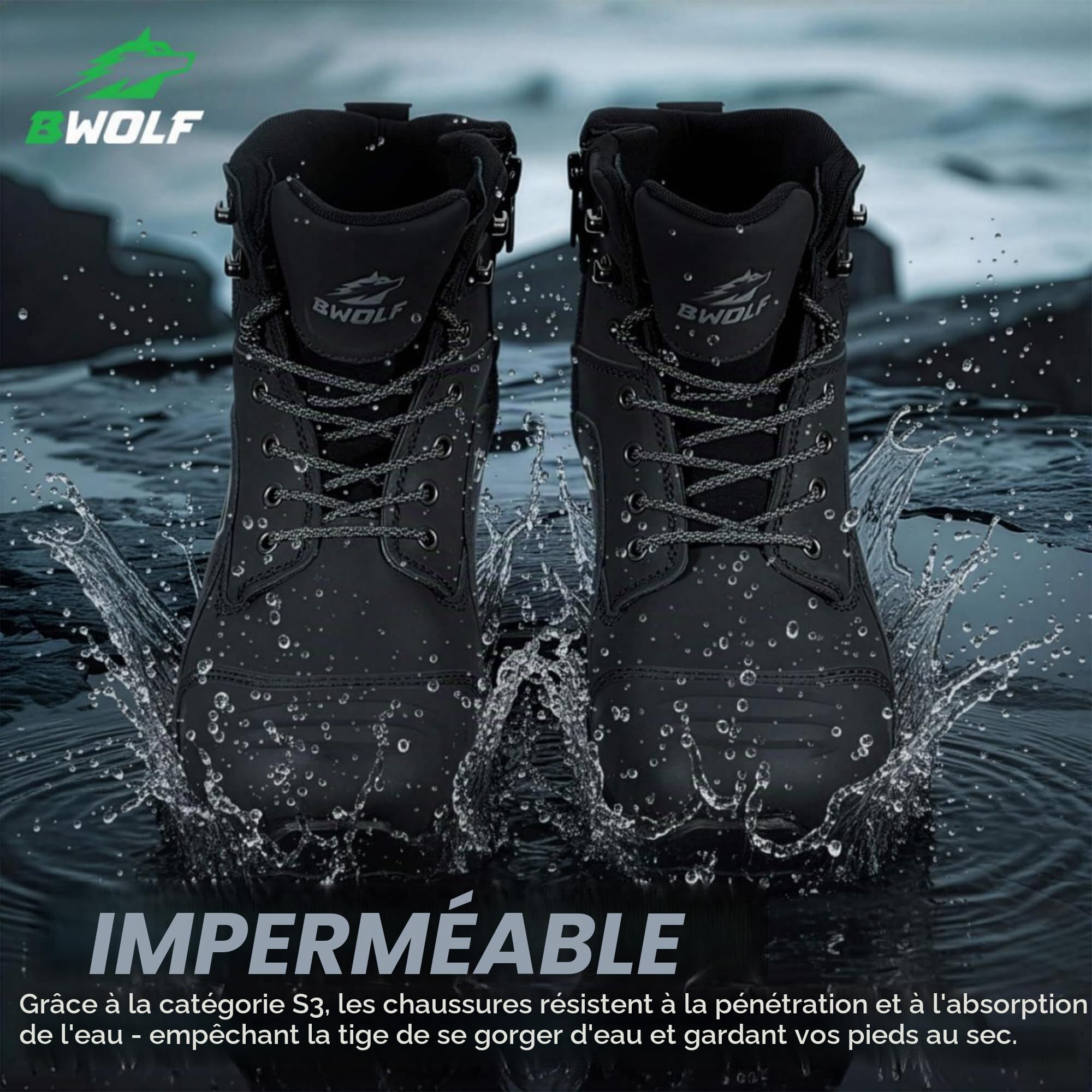 BWOLF Fantom Hi S7L Chaussures de sécurité d'hiver imperméables pour homme avec semelle intermédiaire en Kevlar et embout de protection des orteils